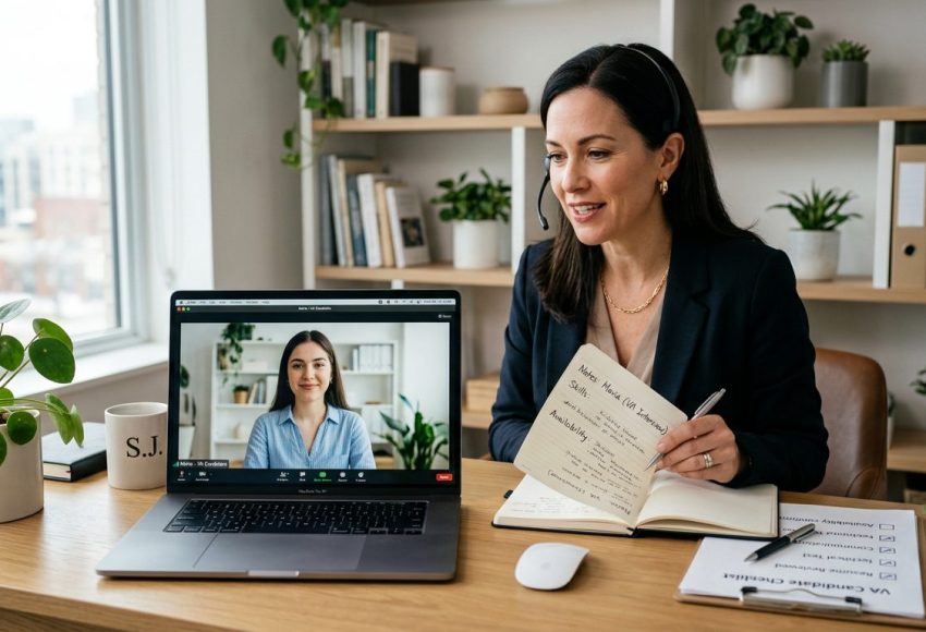 Business owner on a video call interview with a virtual assistant candidate, reviewing notes and a checklist on a desk beside the laptop