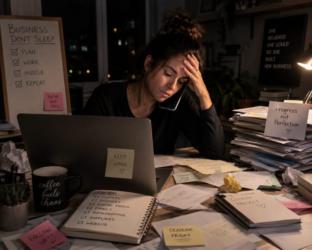 Exhausted small business owner sitting at a cluttered desk late at night juggling a laptop, phone, and stacks of unfinished work alone