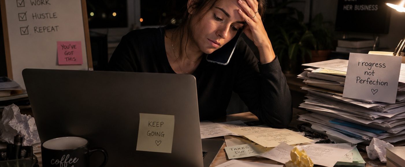 Exhausted small business owner sitting at a cluttered desk late at night juggling a laptop, phone, and stacks of unfinished work alone