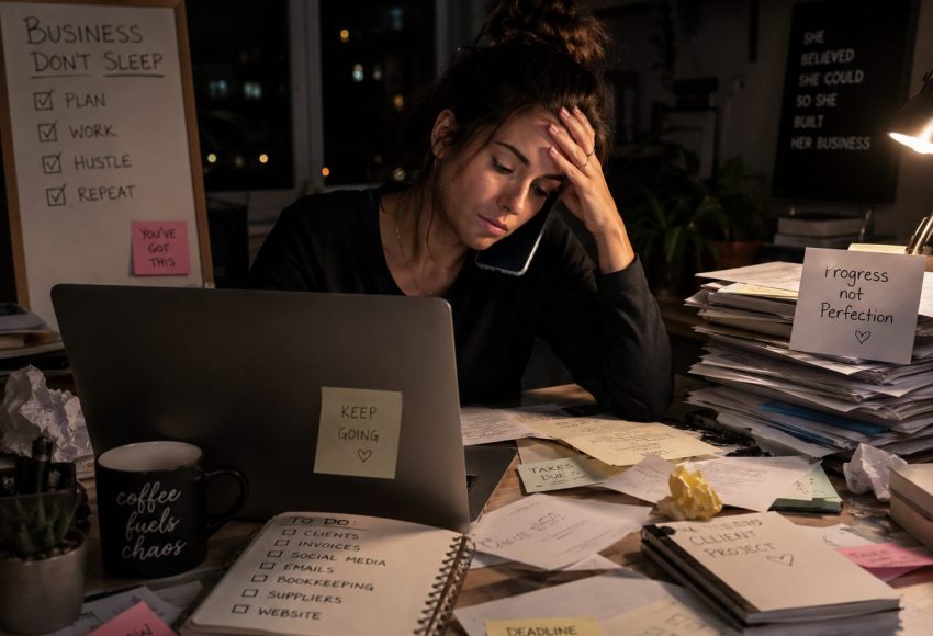 Exhausted small business owner sitting at a cluttered desk late at night juggling a laptop, phone, and stacks of unfinished work alone