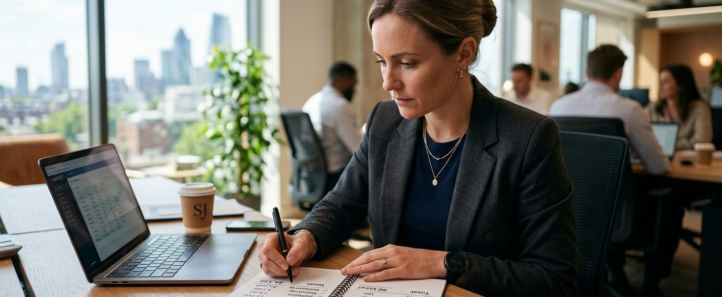 Business owner comparing cost versus time saved on a notepad