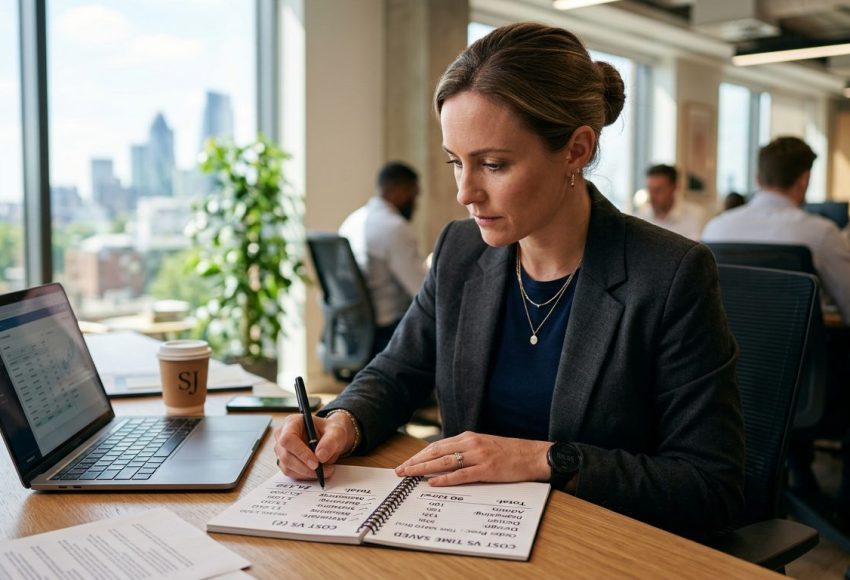 Business owner comparing cost versus time saved on a notepad