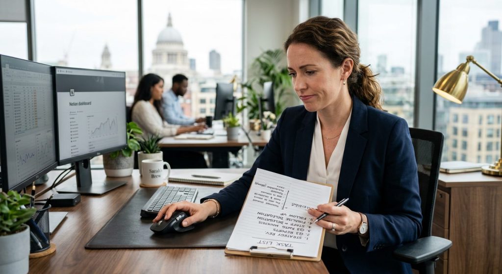 Entrepreneur hesitating over a computer mouse, reluctant to hand off a task list