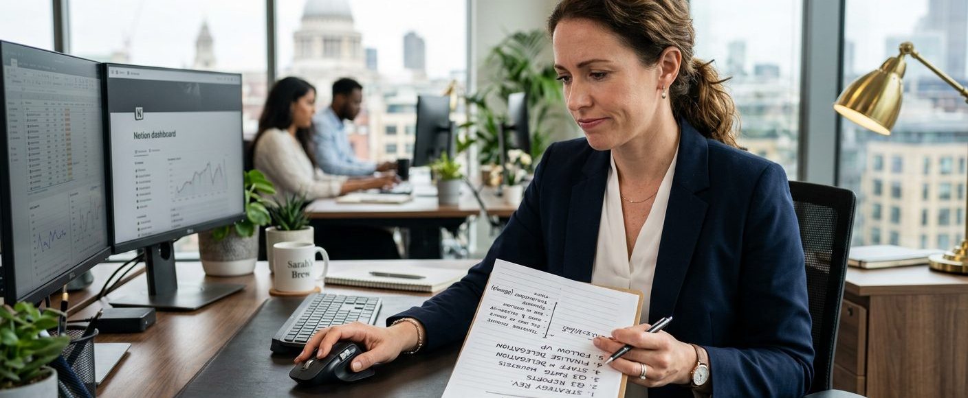 Entrepreneur hesitating over a computer mouse, reluctant to hand off a task list