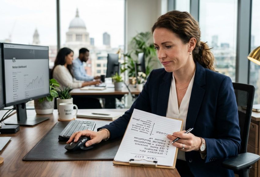 Entrepreneur hesitating over a computer mouse, reluctant to hand off a task list
