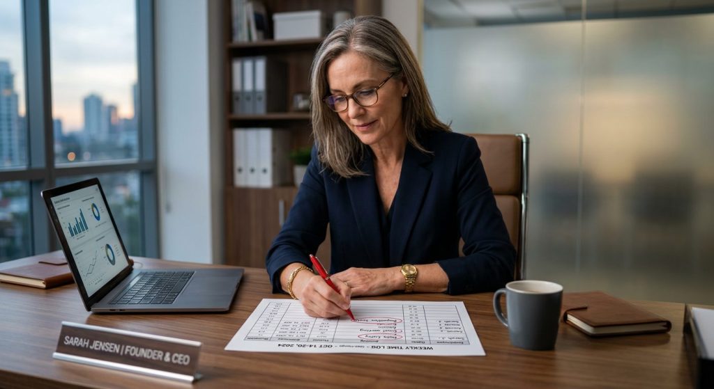 Business owner reviewing a weekly time log, circling hours spent on repetitive tasks