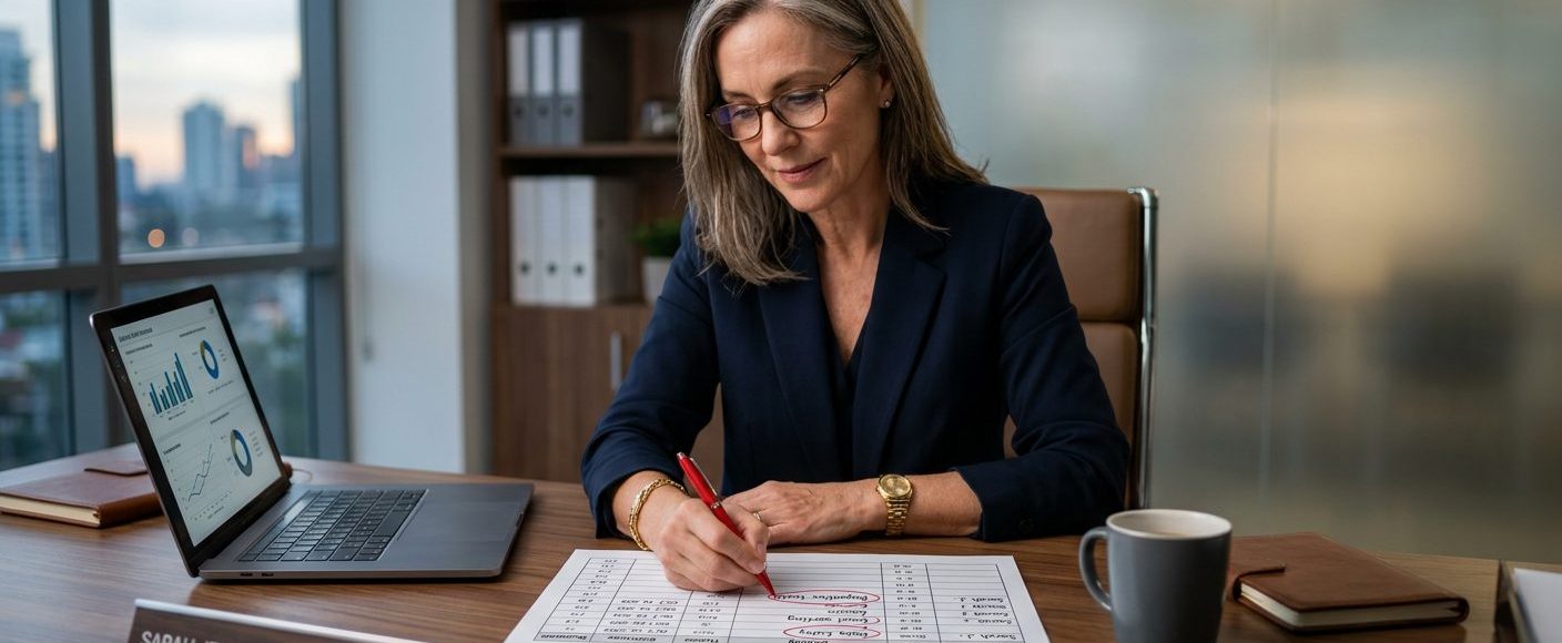 Business owner reviewing a weekly time log, circling hours spent on repetitive tasks