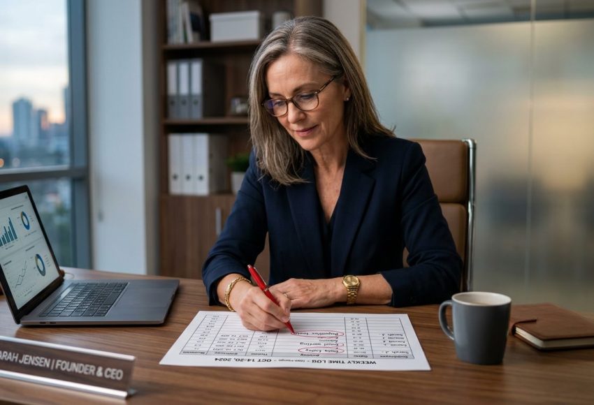 Business owner reviewing a weekly time log, circling hours spent on repetitive tasks