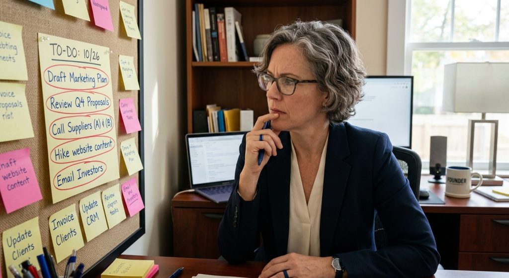 Business owner staring at a sticky note task list, several items circled but still unfinished
