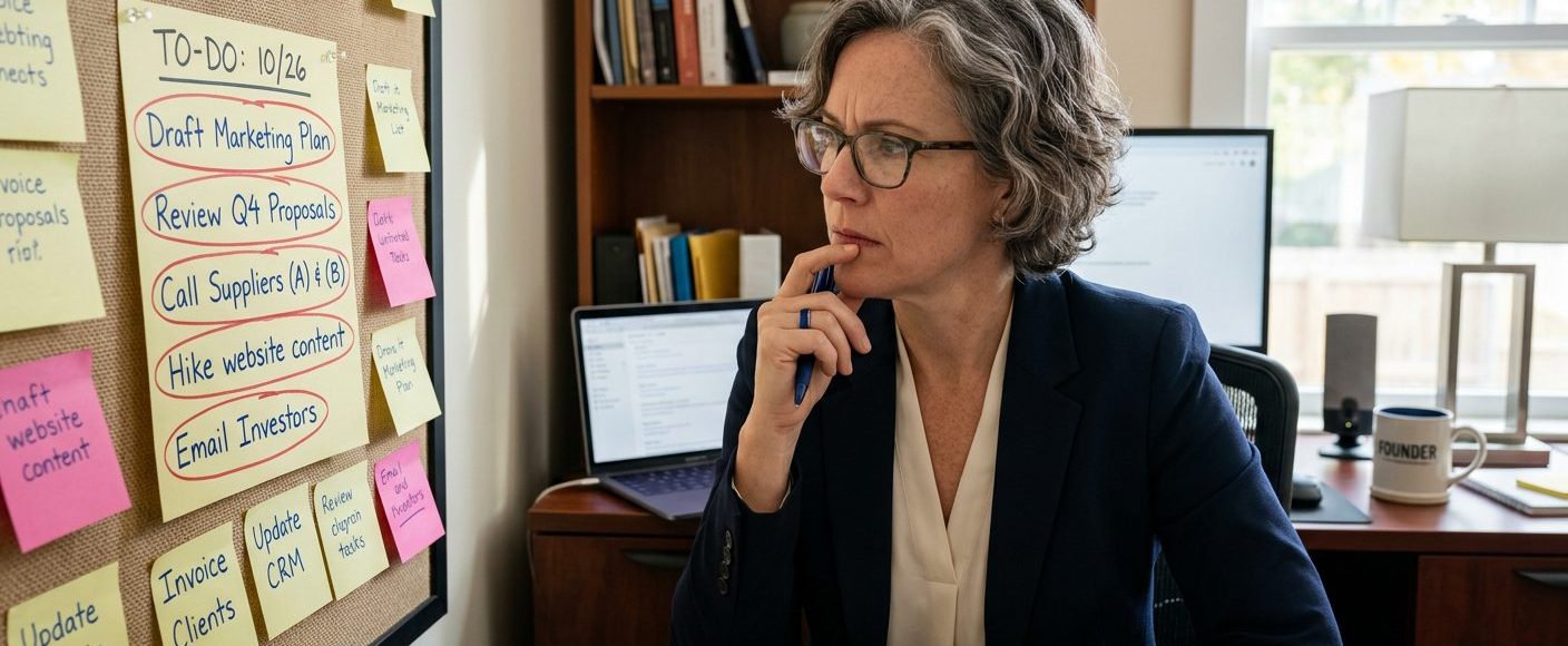 Business owner staring at a sticky note task list, several items circled but still unfinished