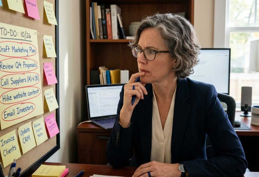 Business owner staring at a sticky note task list, several items circled but still unfinished
